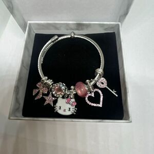 Hello Kitty Pink Charm Bracelet Silver Tone Rhinestone Bangle w/ Box NEW